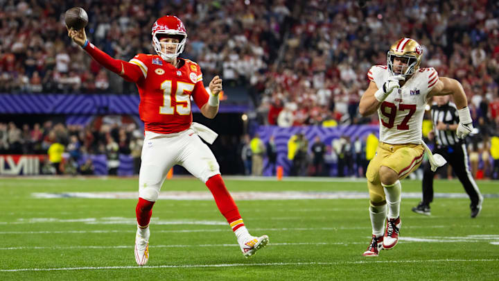 Feb 11, 2024; Paradise, Nevada, USA; Kansas City Chiefs quarterback Patrick Mahomes (15) throws a pass against San Francisco 49ers defensive end Nick Bosa (97) in the fourth quarter in Super Bowl LVIII at Allegiant Stadium. Mandatory Credit: Mark J. Rebilas-Imagn Images Feb 11, 2024; Paradise, Nevada, USA; Kansas City Chiefs quarterback Patrick Mahomes (15) throws a pass against San Francisco 49ers defensive end Nick Bosa (97) in the fourth quarter in Super Bowl LVIII at Allegiant Stadium. Mandatory Credit: Mark J. Rebilas-Imagn Images