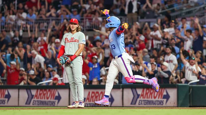 Sep 12, 2026; Cumberland, Georgia, USA; Atlanta Braves right fielder Ronald Acuna Jr. (13) celebrates hitting a home run against the Philadelphia Phillies during the fourth inning at Truist Park. Mandatory Credit: Jordan Godfree-Imagn Images Sep 12, 2026; Cumberland, Georgia, USA; Atlanta Braves right fielder Ronald Acuna Jr. (13) celebrates hitting a home run against the Philadelphia Phillies during the fourth inning at Truist Park. Mandatory Credit: Jordan Godfree-Imagn Images