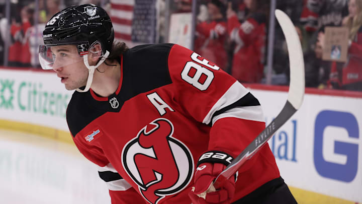 Feb 25, 2026; Newark, New Jersey, USA; New Jersey Devils center Jack Hughes (86) skates during warmups prior to the start of their game against the Buffalo Sabres at Prudential Center. Mandatory Credit: Ed Mulholland-Imagn Images