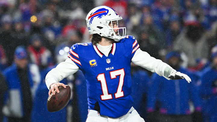 Jan 19, 2025; Orchard Park, New York, USA; Buffalo Bills quarterback Josh Allen (17) looks to throw during the first quarter against the Baltimore Ravens in a 2025 AFC divisional round game at Highmark Stadium. Jan 19, 2025; Orchard Park, New York, USA; Buffalo Bills quarterback Josh Allen (17) looks to throw during the first quarter against the Baltimore Ravens in a 2025 AFC divisional round game at Highmark Stadium.