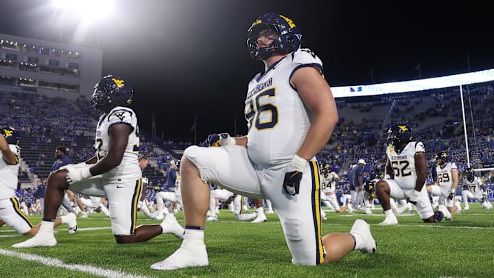 Oct 3, 2025; Provo, Utah, USA; West Virginia Mountaineers defensive lineman Edward Vesterinen (96) warms up before the game against the Brigham Young Cougars at LaVell Edwards Stadium. Mandatory Credit: Rob Gray-Imagn Images
