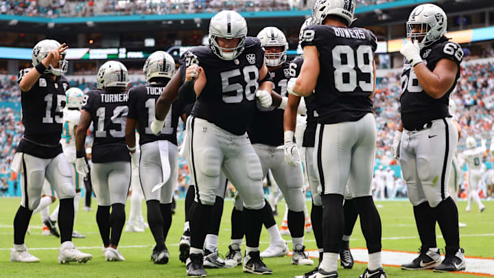 Nov 17, 2024; Miami Gardens, Florida, USA; Las Vegas Raiders tight end Brock Bowers (89) celebrates with guard Jackson Powers-Johnson (58) after scoring a touchdown against the Miami Dolphins during the third quarter at Hard Rock Stadium. Mandatory Credit: Sam Navarro-Imagn Images Nov 17, 2024; Miami Gardens, Florida, USA; Las Vegas Raiders tight end Brock Bowers (89) celebrates with guard Jackson Powers-Johnson (58) after scoring a touchdown against the Miami Dolphins during the third quarter at Hard Rock Stadium. Mandatory Credit: Sam Navarro-Imagn Images