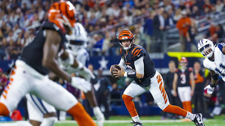 Dec 9, 2024; Arlington, Texas, USA; Cincinnati Bengals quarterback Joe Burrow (9) throws during the first half against the Dallas Cowboys at AT&T Stadium. Mandatory Credit: Kevin Jairaj-Imagn Images Dec 9, 2024; Arlington, Texas, USA; Cincinnati Bengals quarterback Joe Burrow (9) throws during the first half against the Dallas Cowboys at AT&T Stadium. Mandatory Credit: Kevin Jairaj-Imagn Images