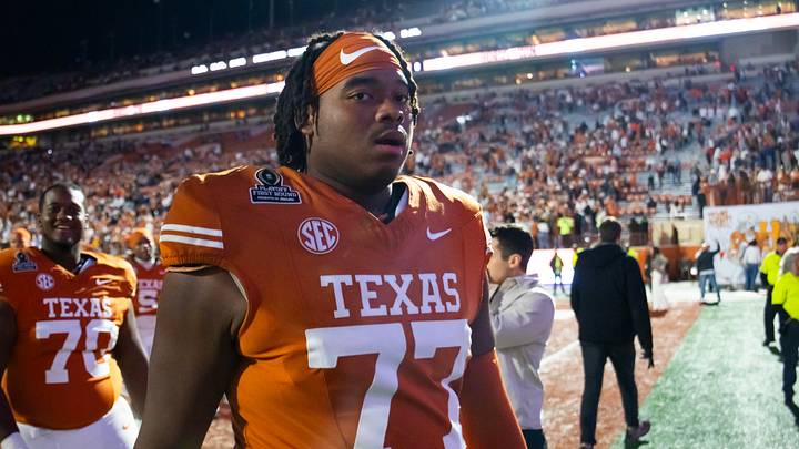 Texas Longhorns offensive lineman Andre Cojoe (77) against the Clemson Tigers during the CFP National playoff first round at Darrell K Royal-Texas Memorial Stadium. Texas Longhorns offensive lineman Andre Cojoe (77) against the Clemson Tigers during the CFP National playoff first round at Darrell K Royal-Texas Memorial Stadium.