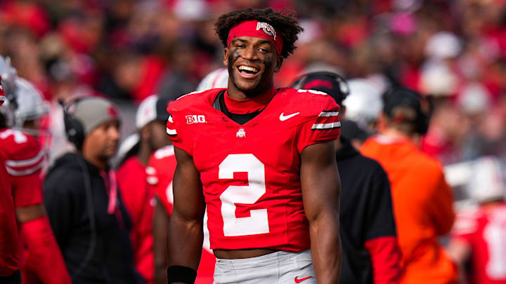 Ohio State Buckeyes safety Caleb Downs (2) smiles during the second half at Ohio Stadium on Saturday, Nov. 9, 2024 in Columbus, Ohio.
