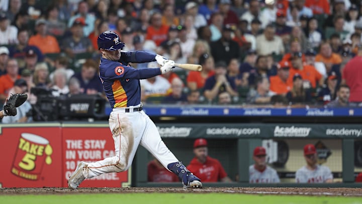 Sep 22, 2024; Houston, Texas, USA; Houston Astros third baseman Alex Bregman (2) hits a home run during the fifth inning against the Los Angeles Angels at Minute Maid Park. Sep 22, 2024; Houston, Texas, USA; Houston Astros third baseman Alex Bregman (2) hits a home run during the fifth inning against the Los Angeles Angels at Minute Maid Park.
