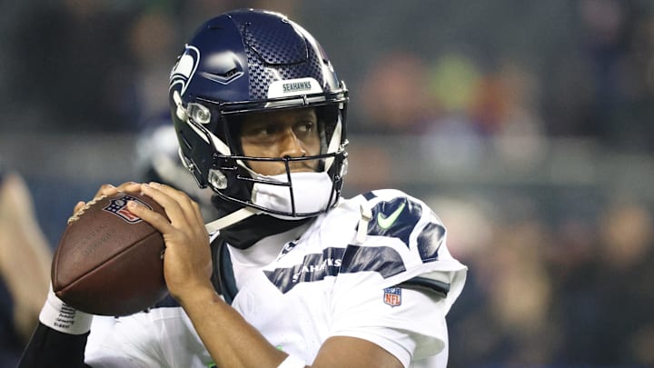 Dec 26, 2024; Chicago, Illinois, USA; Seattle Seahawks quarterback Geno Smith (7) warms up before a game against the Chicago Bears at Soldier Field. Mandatory Credit: Talia Sprague-Imagn Images