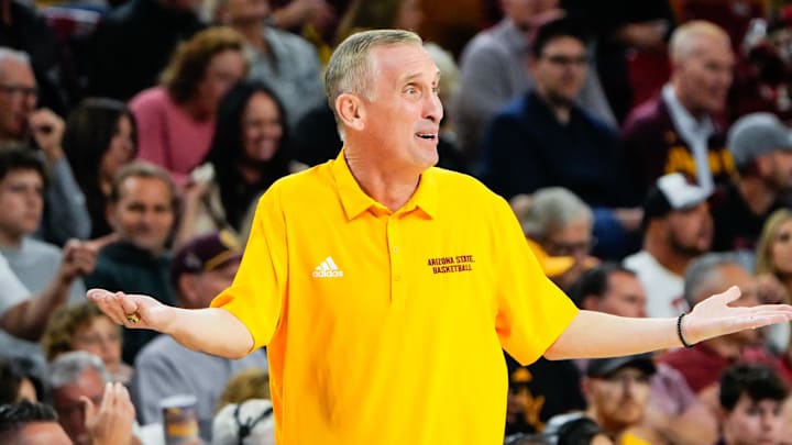Mar 8, 2025; Tempe, Arizona, USA; Arizona State Sun Devils head coach Bobby Hurley reacts during the first half at Desert Financial Arena. Mandatory Credit: Arianna Grainey-Imagn Images