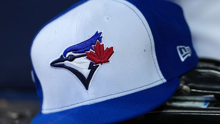 Nov 1, 2025; Toronto, Ontario, CAN; A detailed view of a Toronto Blue Jays hat in the sixth inning for game seven of the 2025 MLB World Series at Rogers Centre. 