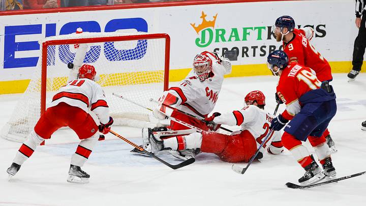 May 24, 2023; Sunrise, Florida, USA; Florida Panthers left wing Matthew Tkachuk (19) scores the game-winning goal against Carolina Hurricanes goaltender Frederik Andersen (31) during the third period in game four of the Eastern Conference Finals of the 2023 Stanley Cup Playoffs at FLA Live Arena. Mandatory Credit: Sam Navarro-USA TODAY Sports