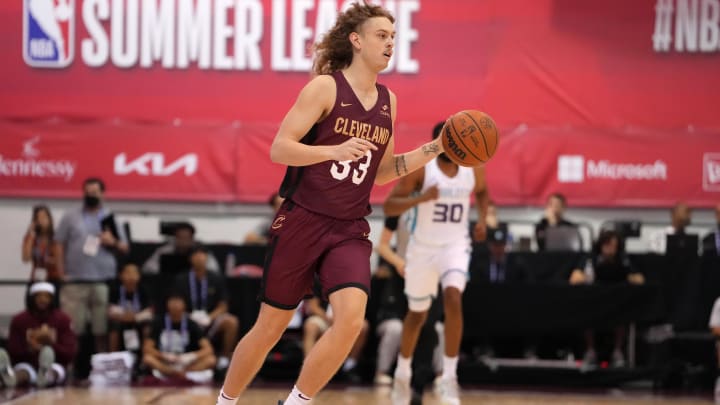 Jul 13, 2022; Las Vegas, NV, USA; Cleveland Cavaliers forward Luke Travers (33) dribbles against the Charlotte Hornets during an NBA Summer League game at Cox Pavilion. Mandatory Credit: Stephen R. Sylvanie-USA TODAY Sports