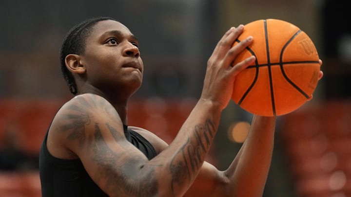 Feb 8, 2025; Stockton, California, USA; Pacific Tigers guard Elijah Fisher (22) before the game against the Gonzaga Bulldogs at Alex G. Spanos Center. Mandatory Credit: Darren Yamashita-Imagn Images