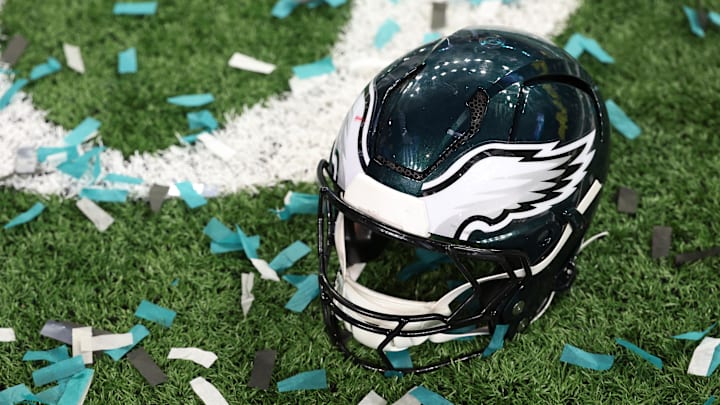 Feb 9, 2025; New Orleans, LA, USA; A Philadelphia Eagles player's helmet rests on the field after Super Bowl LIX against the Kansas City Chiefs at Caesars Superdome. Mandatory Credit: Geoff Burke-Imagn Images
