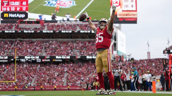 Sep 20, 2026; Santa Clara, California, USA; San Francisco 49ers tight end George Kittle (85) celebrates after catching a pass for a touchdown against the Miami Dolphins in the third quarter at Levi's Stadium. Mandatory Credit: Cary Edmondson-Imagn Images Sep 20, 2026; Santa Clara, California, USA; San Francisco 49ers tight end George Kittle (85) celebrates after catching a pass for a touchdown against the Miami Dolphins in the third quarter at Levi's Stadium. Mandatory Credit: Cary Edmondson-Imagn Images