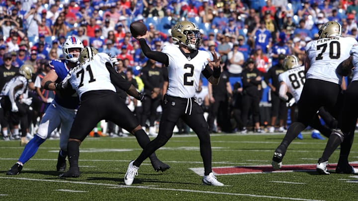 Sep 28, 2025; Orchard Park, New York, USA; New Orleans Saints quarterback Spencer Rattler (2) throws downfield during the third quarter against the Buffalo Bills  at Highmark Stadium. Mandatory Credit: Gregory Fisher-Imagn Images