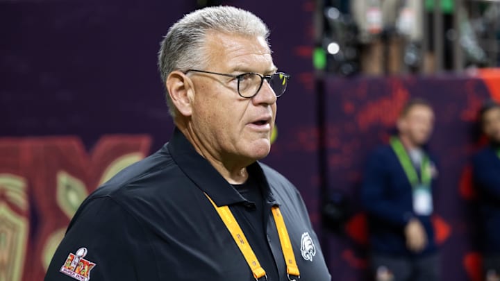 Feb 9, 2025; New Orleans, LA, USA; Philadelphia Eagles offensive line coach Jeff Stoutland against the Kansas City Chiefs during Super Bowl LIX at Ceasars Superdome. 