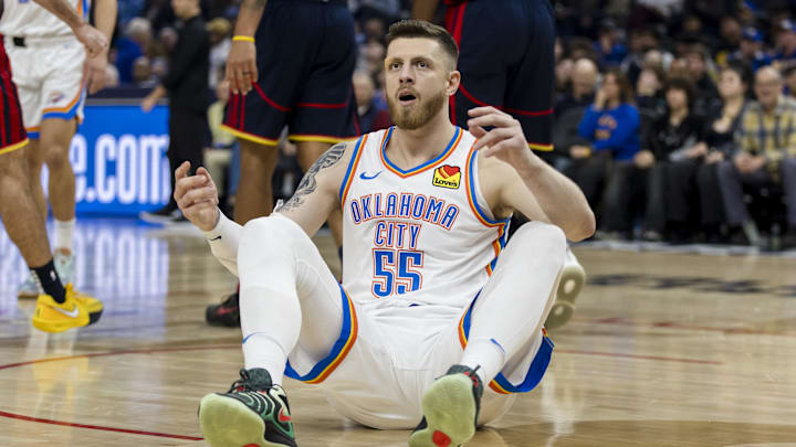 Nov 27, 2024; San Francisco, California, USA; Oklahoma City Thunder center Isaiah Hartenstein (55) reacts during the first half of the game against the Golden State Warriors at Chase Center. Mandatory Credit: John Hefti-Imagn Images