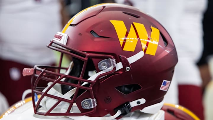Sep 29, 2024; Glendale, Arizona, USA; Detailed view of a Washington Commanders helmet at State Farm Stadium. Mandatory Credit: Mark J. Rebilas-Imagn Images