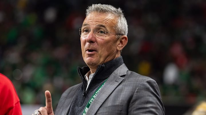 Jan 20, 2025; Atlanta, GA, USA; Ohio State Buckeyes former head coach Urban Meyer in attendance against the Notre Dame Fighting Irish during the CFP National Championship college football game at Mercedes-Benz Stadium. Mandatory Credit: Mark J. Rebilas-Imagn Images