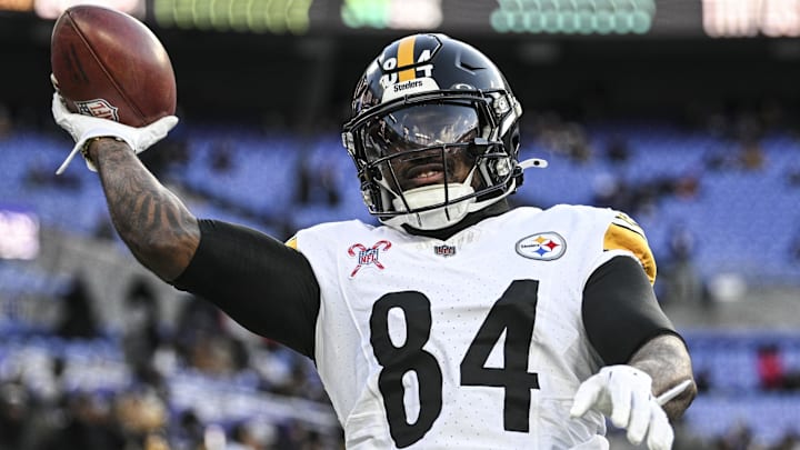 Dec 21, 2024; Baltimore, Maryland, USA;  Pittsburgh Steelers running back Cordarrelle Patterson (84) throws the ball to fans before the game against the Baltimore Ravens at M&T Bank Stadium. Mandatory Credit: Tommy Gilligan-Imagn Images