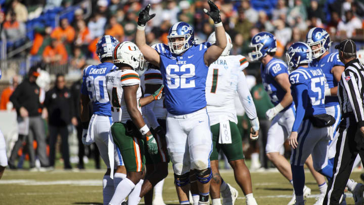 Nov 27, 2021; Durham, North Carolina, USA;  Duke Blue Devils offensive tackle Graham Barton (62)