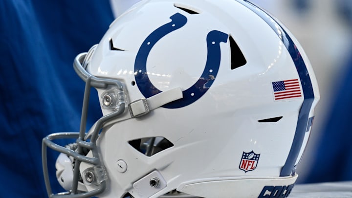 Dec 1, 2024; Foxborough, Massachusetts, USA; An Indianapolis Colts helmet sits on an equipment case during the first half against the New England Patriots at Gillette Stadium. Mandatory Credit: Eric Canha-Imagn Images Dec 1, 2024; Foxborough, Massachusetts, USA; An Indianapolis Colts helmet sits on an equipment case during the first half against the New England Patriots at Gillette Stadium. Mandatory Credit: Eric Canha-Imagn Images