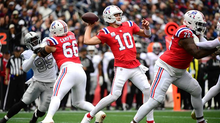 Oct 11, 2026; Foxborough, Massachusetts, USA;  New England Patriots quarterback Drake Maye (10) throws a pass against the Las Vegas Raiders during the first quarter at Gillette Stadium.  Mandatory Credit: Bob DeChiara-Imagn Images