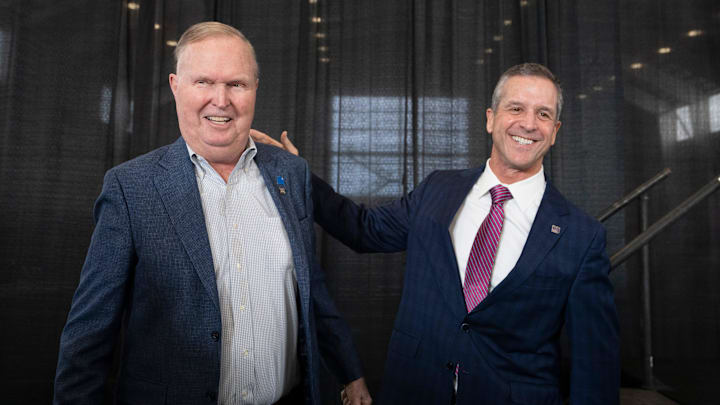 NY Giants Owner John Mara beams with happiness after a press conference introducing John Harbaugh as the team's new head coach in January
