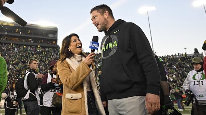 Nov 22, 2025; Eugene, Oregon, USA; Oregon Ducks head coach Dan Lanning talks to the media after the game against the Southern California Trojans at Autzen Stadium. Mandatory Credit: Troy Wayrynen-Imagn Images
