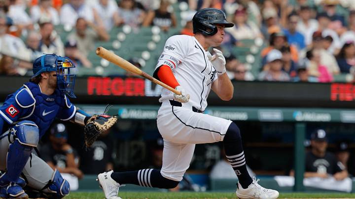Jul 25, 2026; Detroit, Michigan, USA;  Detroit Tigers right fielder Kerry Carpenter (30) hits a single in the sixth inning against the Kansas City Royals at Comerica Park. Mandatory Credit: Rick Osentoski-Imagn Images