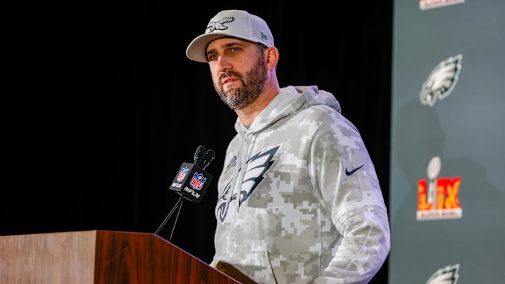 Feb 6, 2025; New Orleans, LA, USA;  Philadelphia Eagles head coach Nick Sirianni during a press conference in advance of Super Bowl LIX at New Orleans Marriott. Mandatory Credit: Stephen Lew-Imagn Images