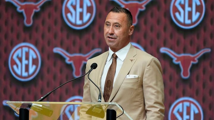 July 15, 2025; Atlanta, GA, USA; Texas head coach Steve Sarkisian speaks during SEC Media Days at the College Football Hall of Fame in Atlanta.