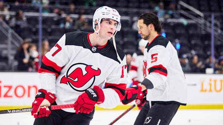 Jan 25, 2026; Seattle, Washington, USA; New Jersey Devils defenseman Simon Nemec (17) looks on before the game against the Seattle Kraken at Climate Pledge Arena. Mandatory Credit: Blake Dahlin-Imagn Images