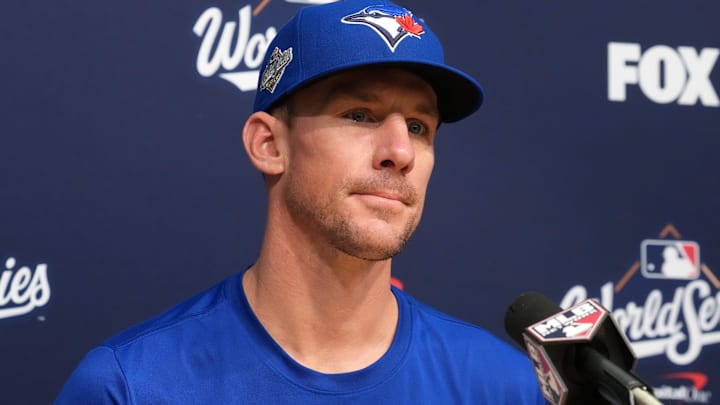 Oct 29, 2025; Los Angeles, California, USA; Toronto Blue Jays pitcher Chris Bassitt (40) speaks in a press conference before game five of the 2025 MLB World Series against the Los Angeles Dodgers at Dodger Stadium. 