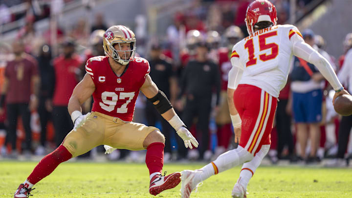 October 20, 2024; Santa Clara, California, USA; San Francisco 49ers defensive end Nick Bosa (97) defends against Kansas City Chiefs quarterback Patrick Mahomes (15) during the second quarter at Levi's Stadium. Mandatory Credit: Kyle Terada-Imagn Images