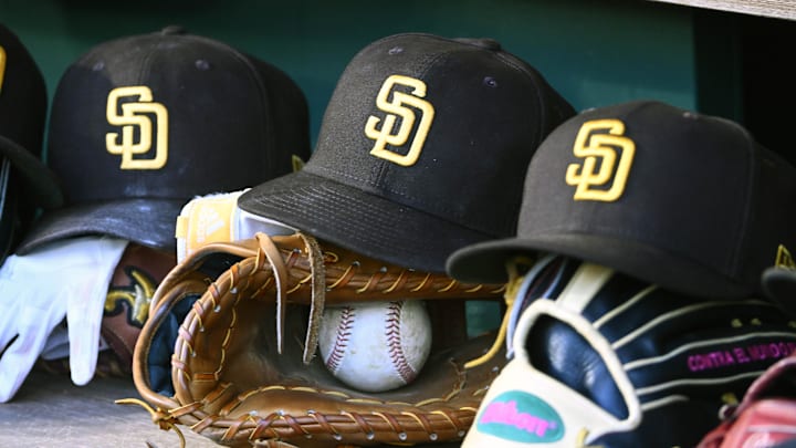 May 24, 2023; Washington, District of Columbia, USA; San Diego Padres hats in the dugout during the game against the Washington Nationals at Nationals Park. Mandatory Credit: Brad Mills-Imagn Images