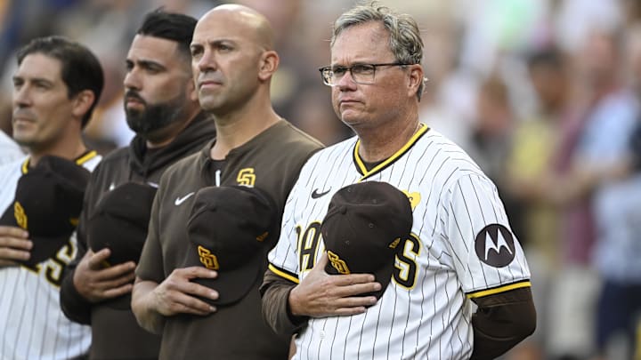Oct 2, 2024; San Diego, California, USA; San Diego Padres manager Mike Shildt (8) before game two in the Wildcard round for the 2024 MLB Playoffs against the Atlanta Braves at Petco Park. Mandatory Credit: Denis Poroy-Imagn Images