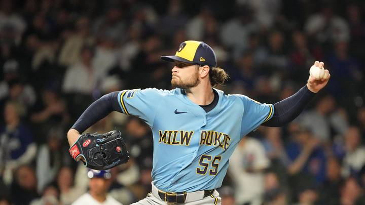 May 18, 2026; Chicago, Illinois, USA; Milwaukee Brewers pitcher Shane Drohan (55) pitches against the Chicago Cubs during the ninth inning at Wrigley Field. Mandatory Credit: David Banks-Imagn Images