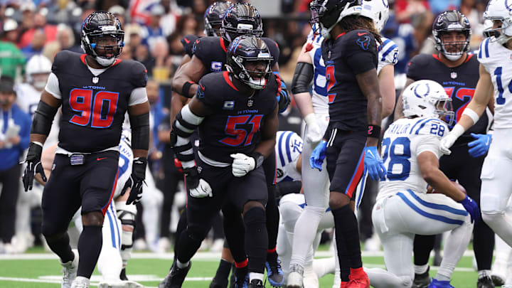 Jan 4, 2026; Houston, Texas, USA;  Houston Texans defensive end Will Anderson Jr. (51) reacts after a defensive play against the Indianapolis Colts during the first half at NRG Stadium. Mandatory Credit: Troy Taormina-Imagn Images