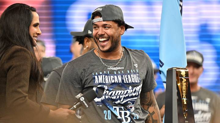 Oct 19, 2026; St. Petersburg, Florida, USA; Tampa Bay Rays pitcher Freddy Peralta (51) celebrates on the podium after defeating the Cleveland Guardians in game six of the ALCS for the 2026 MLB Playoffs at Tropicana Field. Mandatory Credit: Jonathan Dyer-Imagn Images Oct 19, 2026; St. Petersburg, Florida, USA; Tampa Bay Rays pitcher Freddy Peralta (51) celebrates on the podium after defeating the Cleveland Guardians in game six of the ALCS for the 2026 MLB Playoffs at Tropicana Field. Mandatory Credit: Jonathan Dyer-Imagn Images