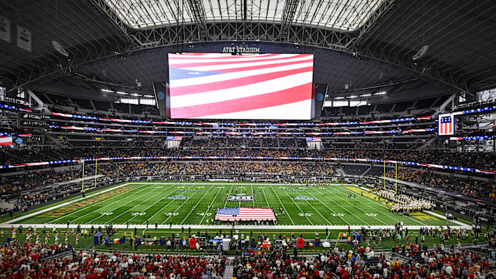 Dec 7, 2024; Arlington, TX, USA; A view of the Big 12 logo and stadium and the American flag before the game between the Iowa State Cyclones and the Arizona State Sun Devils at AT&T Stadium. Mandatory Credit: Jerome Miron-Imagn Images