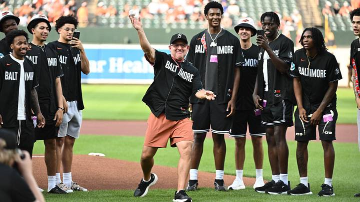 Jul 25, 2025; Baltimore, Maryland, USA; Maryland Terrapins head basketball coach Buzz Williams throws out the first pitch before the game between the Baltimore Orioles and the Colorado Rockies at Oriole Park at Camden Yards. Jul 25, 2025; Baltimore, Maryland, USA; Maryland Terrapins head basketball coach Buzz Williams throws out the first pitch before the game between the Baltimore Orioles and the Colorado Rockies at Oriole Park at Camden Yards.