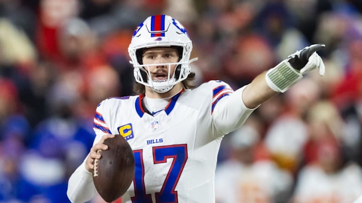 Jan 26, 2025; Kansas City, MO, USA; Buffalo Bills quarterback Josh Allen (17) reacts against the Kansas City Chiefs during the AFC Championship game.
