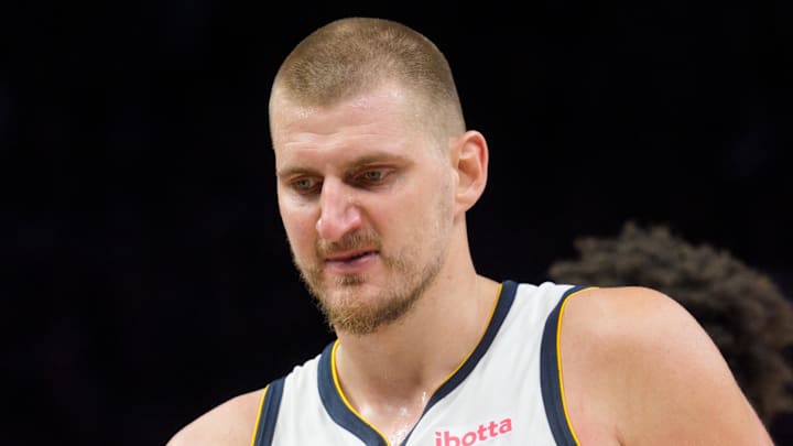 Apr 25, 2026; Minneapolis, Minnesota, USA; Denver Nuggets center Nikola Jokic (15) exits the floor after being ejected along with Minnesota Timberwolves forward Julius Randle as they both pick up double technical fouls in the fourth quarter at Target Center. Mandatory Credit: Matt Blewett-Imagn Images