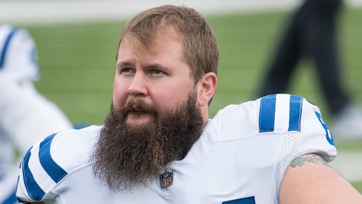 Nov 21, 2021; Orchard Park, New York, USA; Indianapolis Colts guard Mark Glowinski (64) warms up before a game against the Buffalo Bills at Highmark Stadium. Mandatory Credit: Mark Konezny-Imagn Images