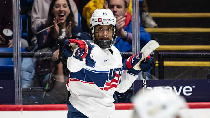 USA's Laila Edwards celebrates after scoring against Czechia at the Adirondack Bank Center in Utica, NY on Friday, April 5, 2024.