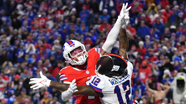 Oct 15, 2023; Orchard Park, New York, USA; Buffalo Bills cornerback Taron Johnson (7) breaks up a