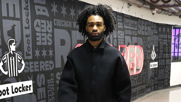 Chicago Bulls guard Coby White (0) arrives at United Center before an NBA game