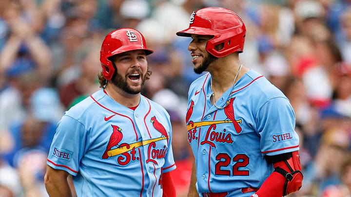 Aug 15, 2026; Chicago, Illinois, USA; St. Louis Cardinals left fielder Joshua Baez (22) celebrates with first baseman Alec Burleson (41) after hitting a two-run home run against the Chicago Cubs during the sixth inning at Wrigley Field. Mandatory Credit: Kamil Krzaczynski-Imagn Images Aug 15, 2026; Chicago, Illinois, USA; St. Louis Cardinals left fielder Joshua Baez (22) celebrates with first baseman Alec Burleson (41) after hitting a two-run home run against the Chicago Cubs during the sixth inning at Wrigley Field. Mandatory Credit: Kamil Krzaczynski-Imagn Images