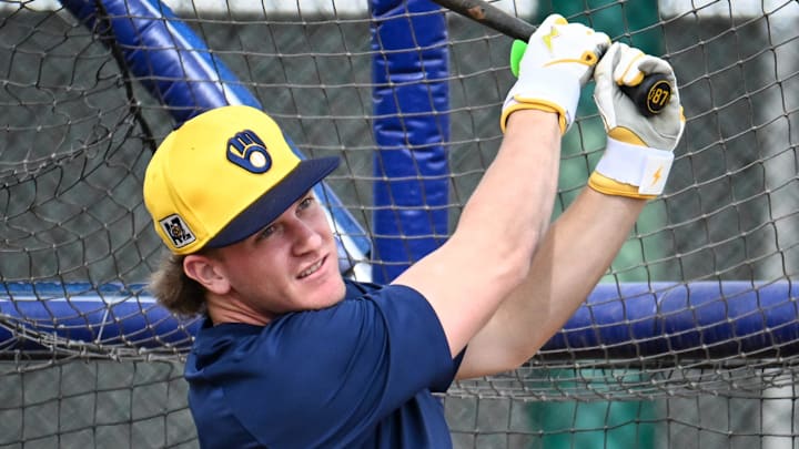Milwaukee Brewers shortstop Cooper Pratt hits in the batting cage during spring training workouts Monday, February 17, 2025, at American Family Fields of Phoenix in Phoenix, Arizona. Milwaukee Brewers shortstop Cooper Pratt hits in the batting cage during spring training workouts Monday, February 17, 2025, at American Family Fields of Phoenix in Phoenix, Arizona.